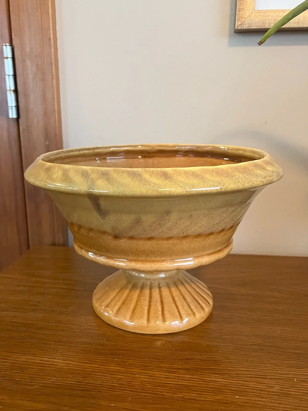 Glazed Ceramic Pedestal Bowl in Warm Honey Tones